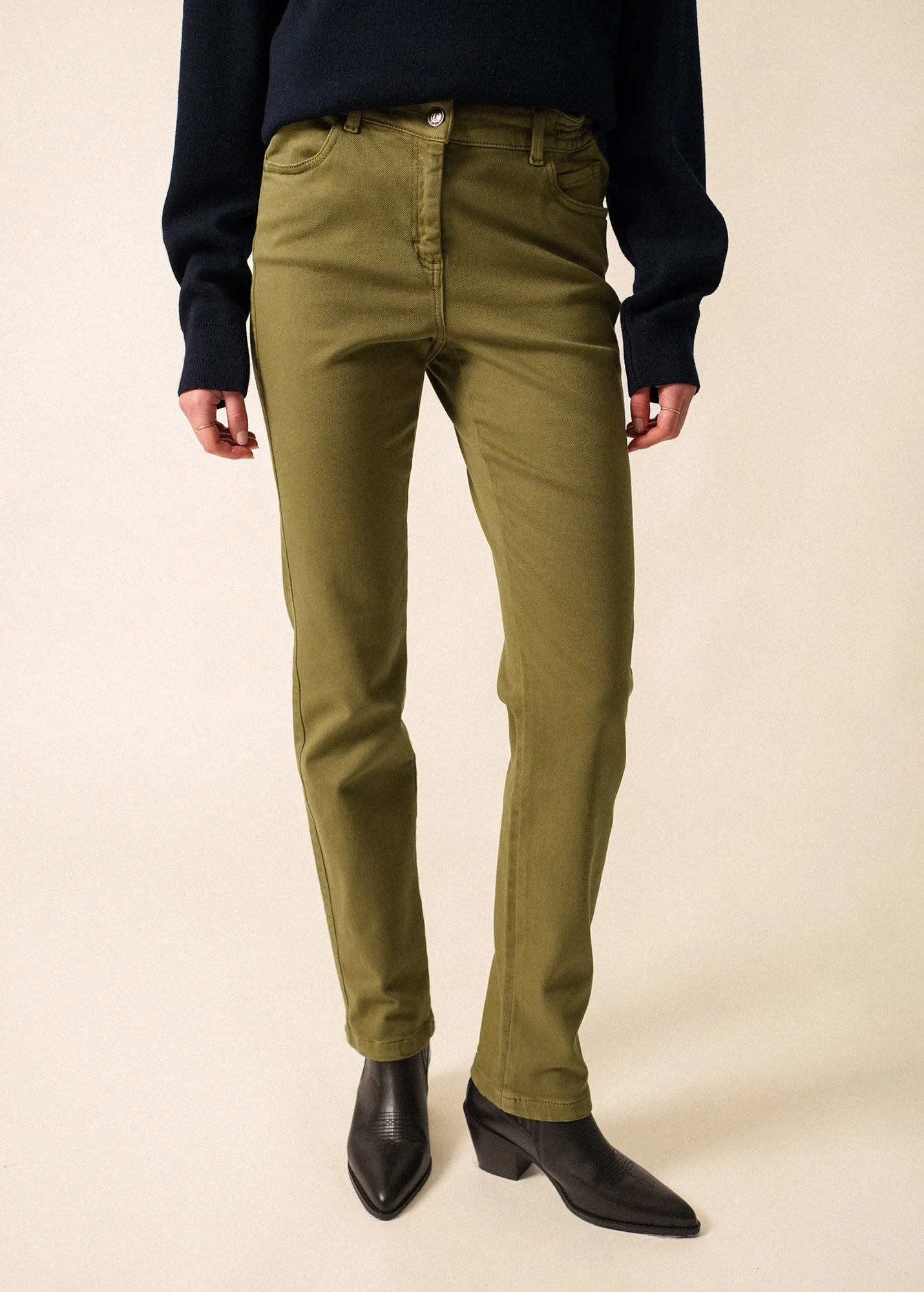 DurableCoverstitch Patricia straight pants - elasticated waist, in stretch cotton (FOUGERE)