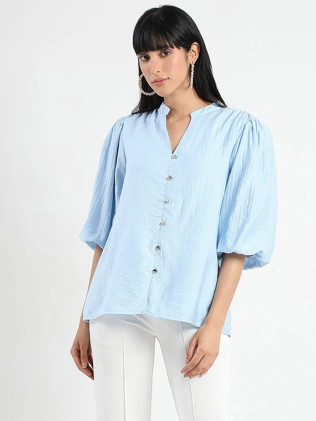 Madame Textured Ruffle Neck Rayon Blend Blue Top Train Ease Road Look