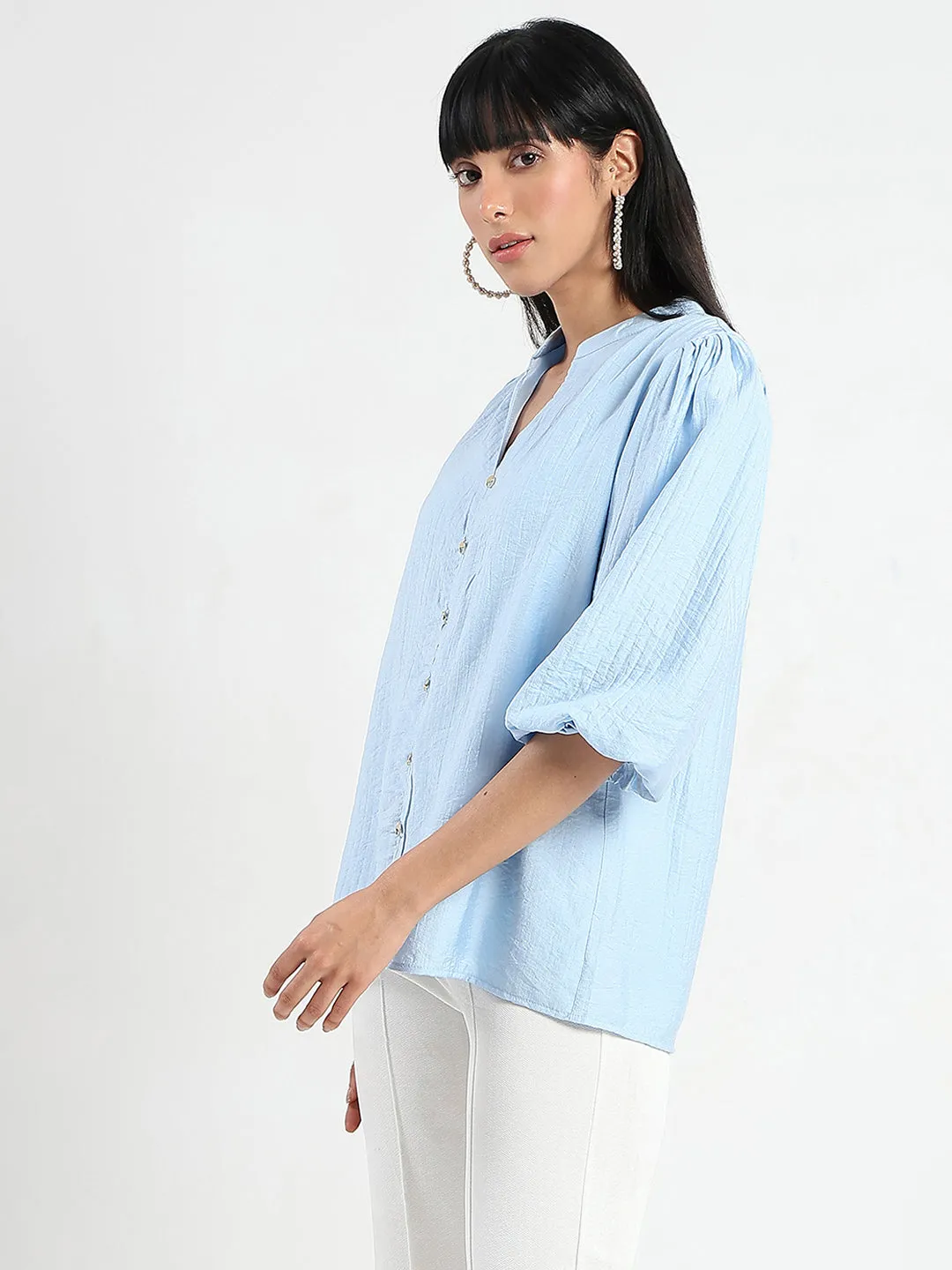 Mountain Cool Style Mood Madame Textured Ruffle Neck Rayon Blend Blue Top