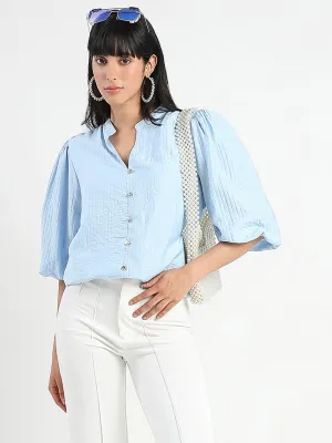Layer Play Madame Textured Ruffle Neck Rayon Blend Blue Top