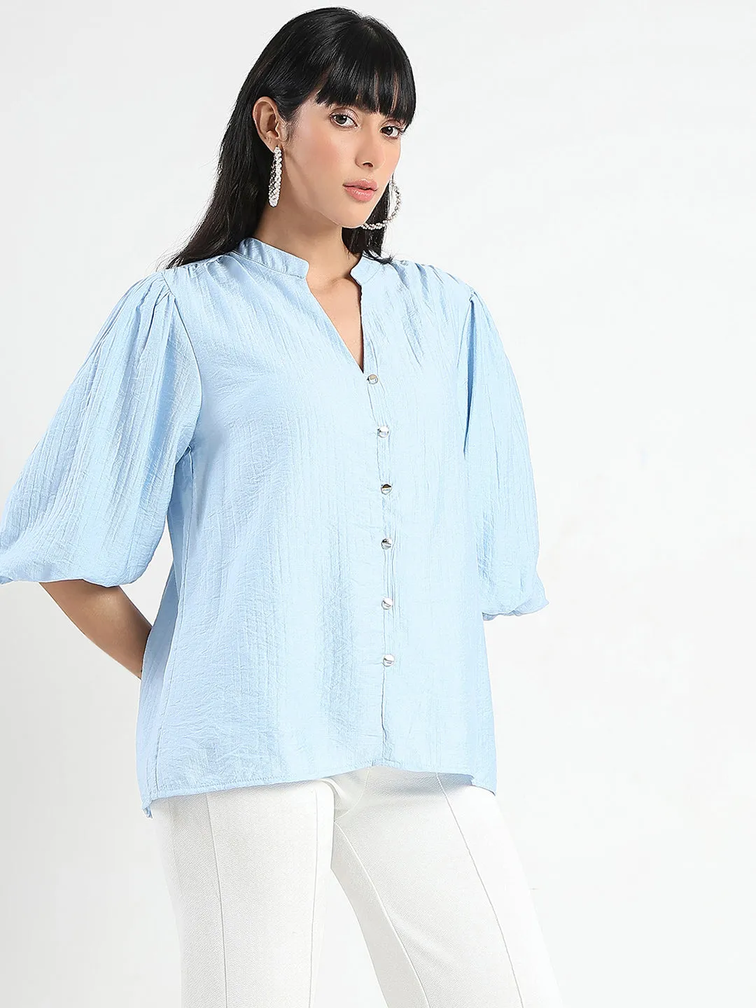 Madame Textured Ruffle Neck Rayon Blend Blue Top HypoallergenicYarn Saga Fit