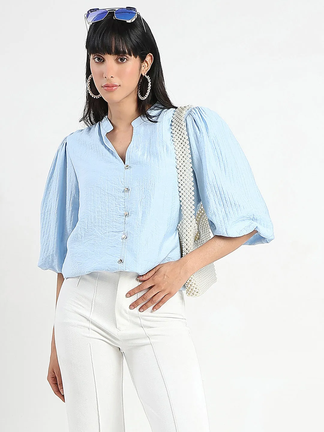 Layer Play Madame Textured Ruffle Neck Rayon Blend Blue Top
