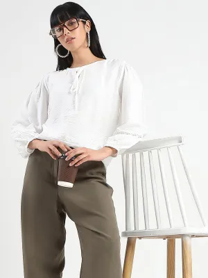 World Tone Relax Vibe Madame Tie Neck Off White Rayon Blend Top