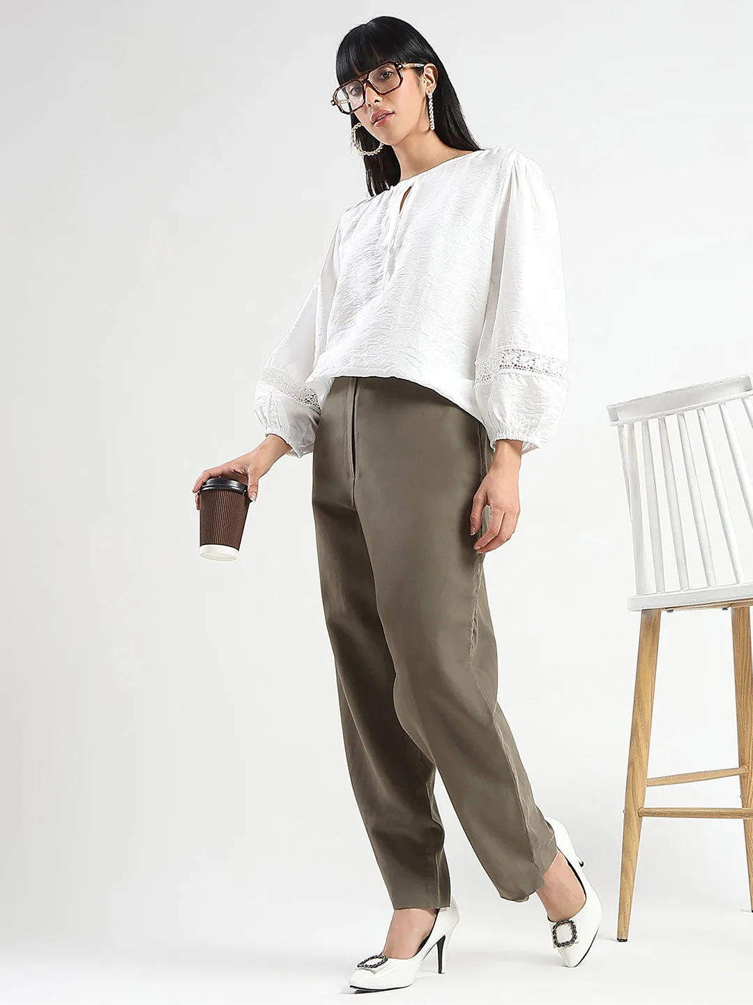 Madame Tie Neck Off White Rayon Blend Top Breathable Fit