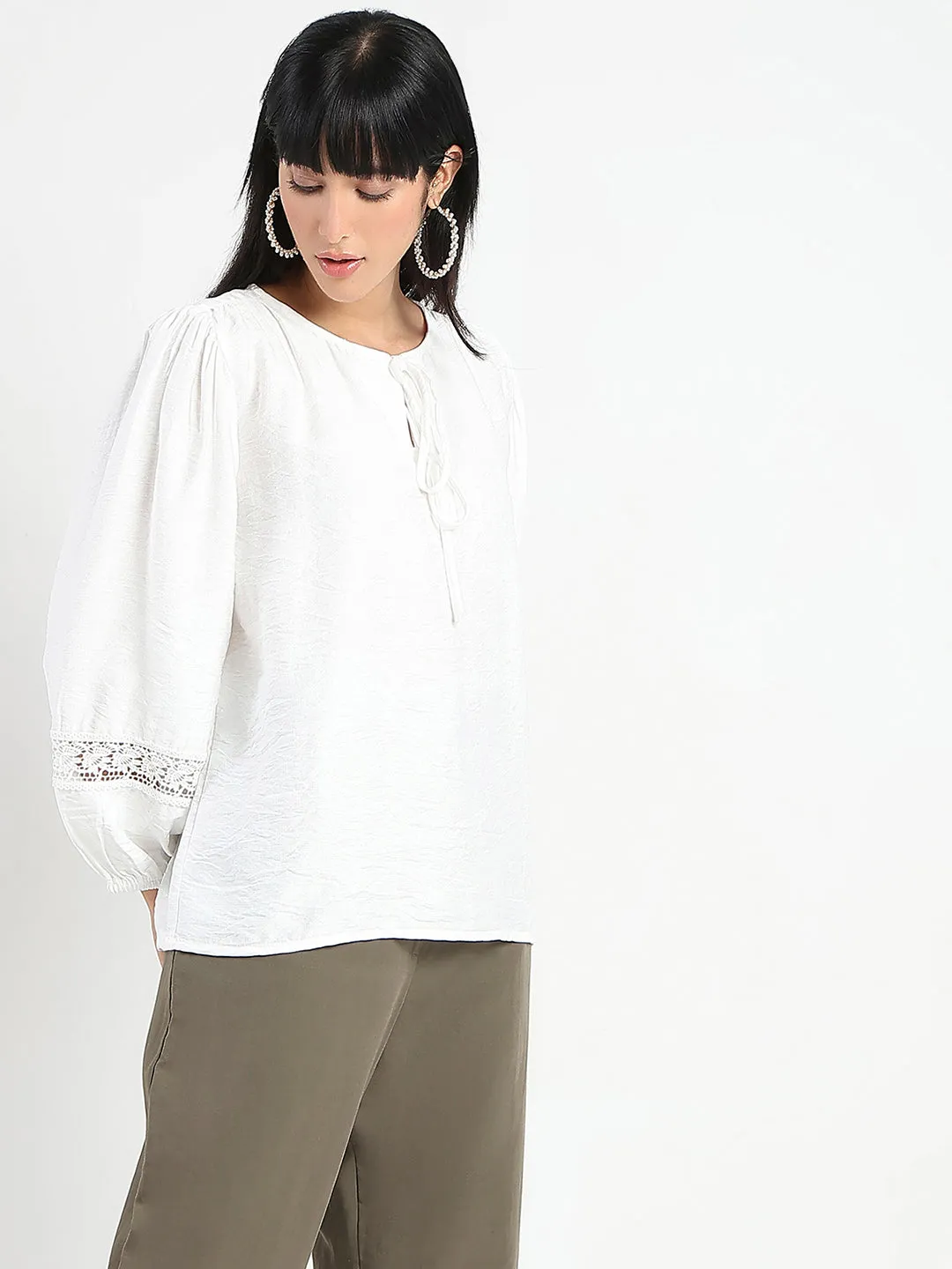 Fashionable Vest Madame Tie Neck Off White Rayon Blend Top