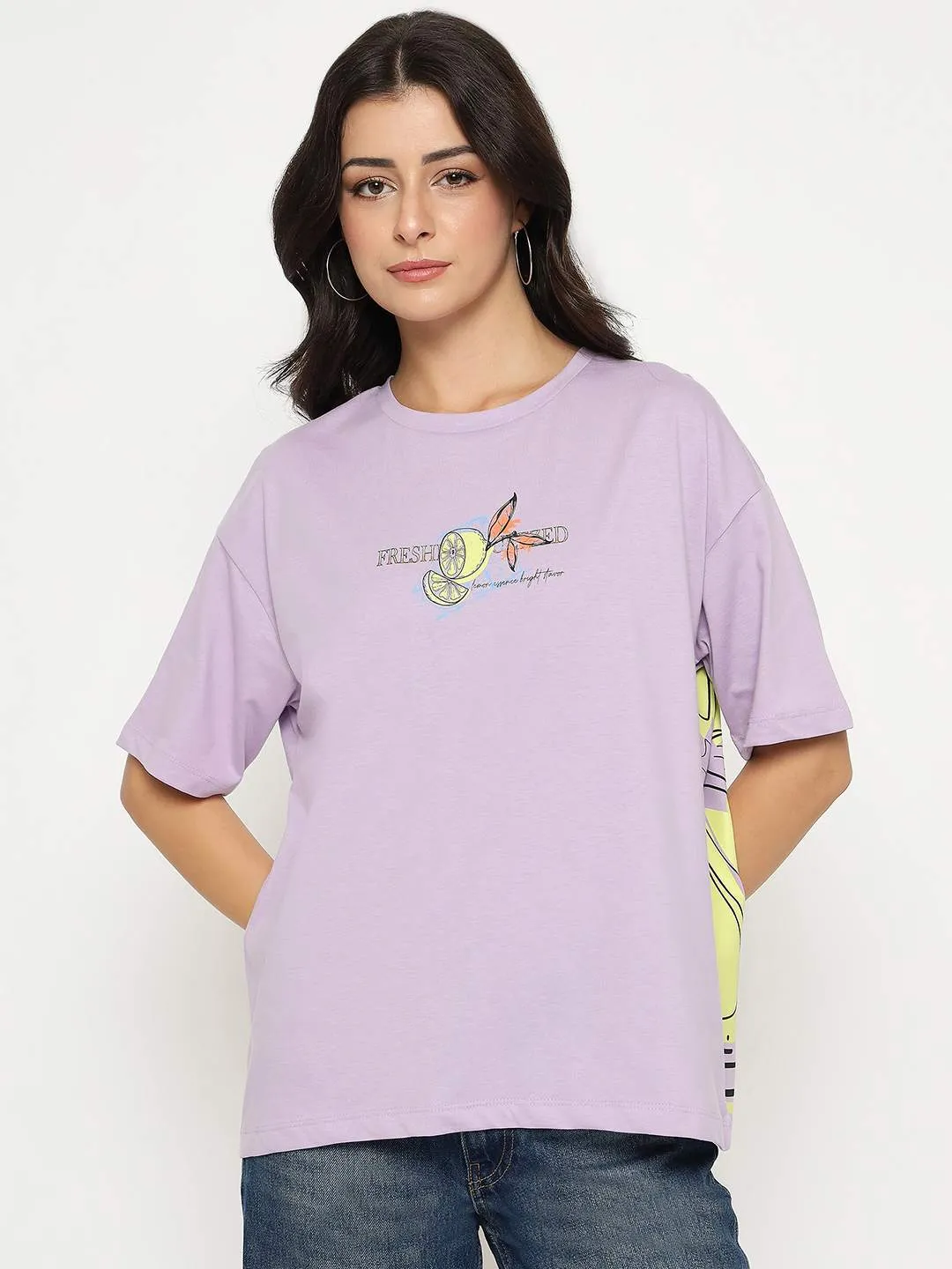 Water Based Ink Print Madame Front and Back Graphic Print Lilac Cotton T-Shirt