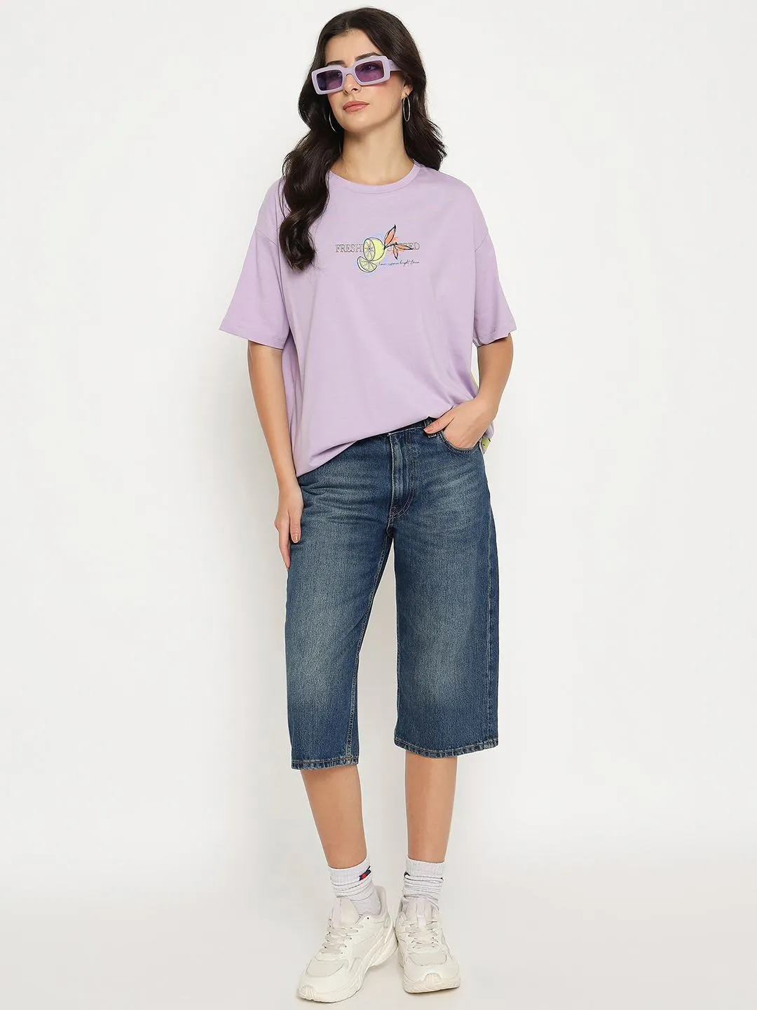 Multi Panel Structure AntiPilling Treatment Madame Front and Back Graphic Print Lilac Cotton T-Shirt