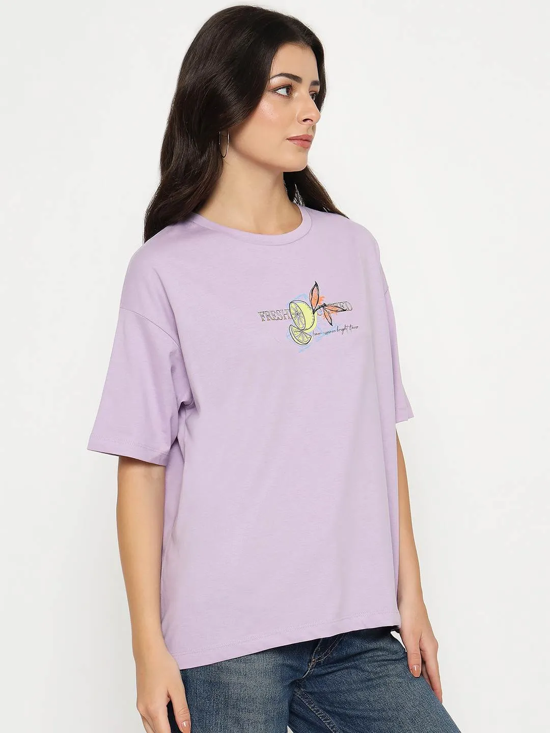 easygoing look Madame Front and Back Graphic Print Lilac Cotton T-Shirt