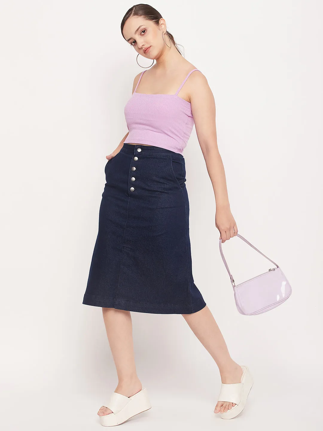Madame Navy Front Slit A-Line Denim Skirt ReflectiveTrims