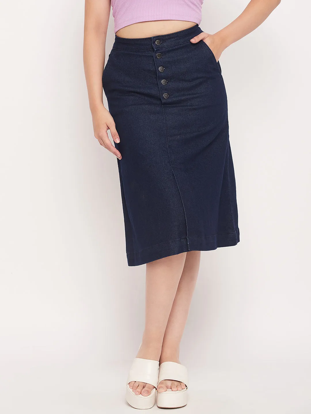 All Day Madame Navy Front Slit A-Line Denim Skirt