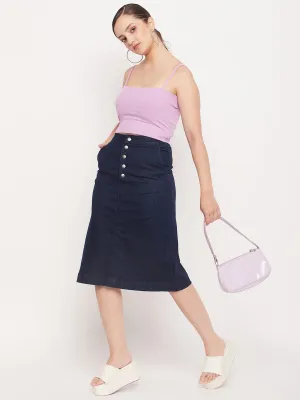 Madame Navy Front Slit A-Line Denim Skirt ReflectiveTrims