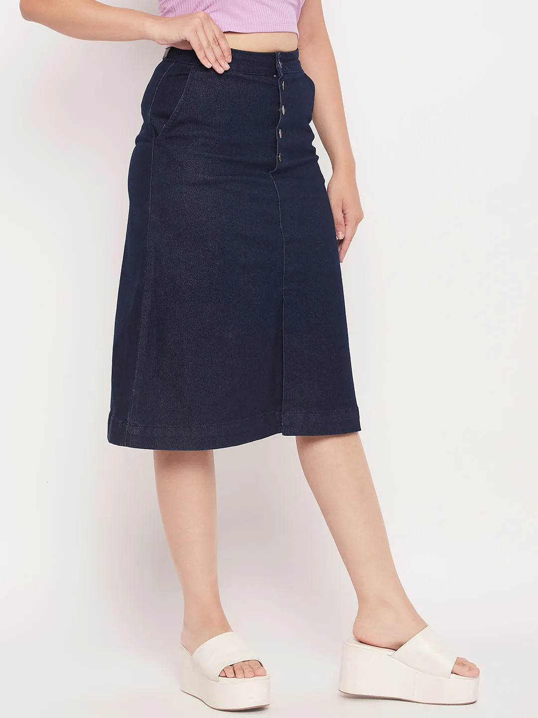 AntiPillFinish Madame Navy Front Slit A-Line Denim Skirt