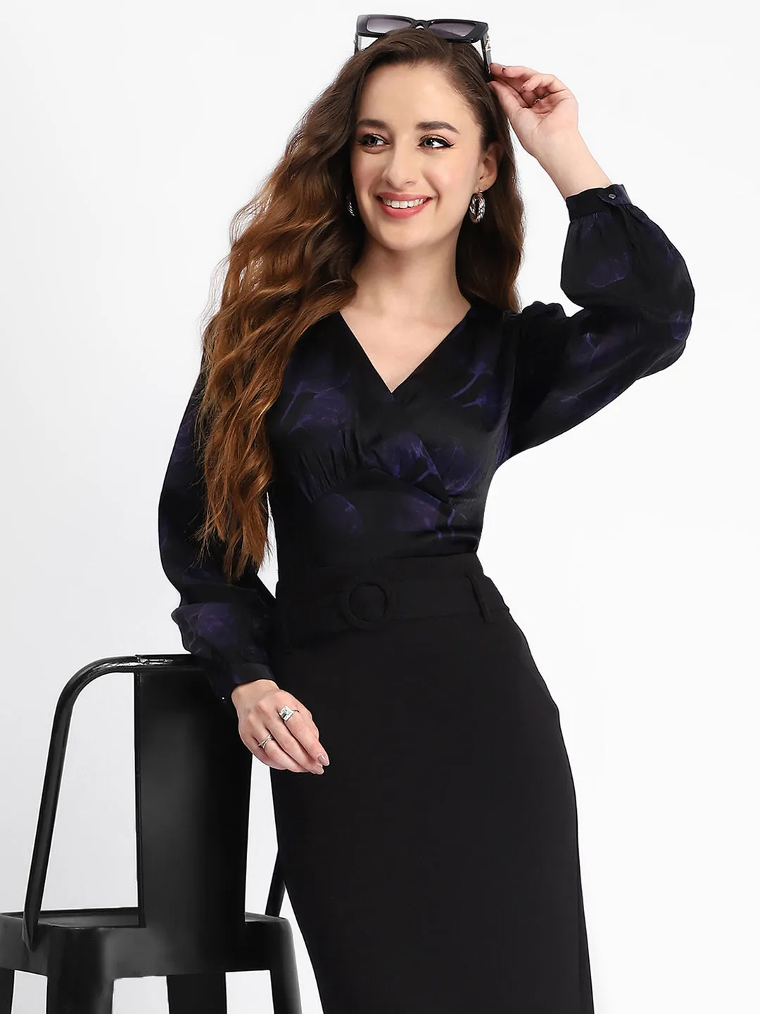 Shine Mood Madame Self Design Wrap Style Front Bishop Sleeve Black Top