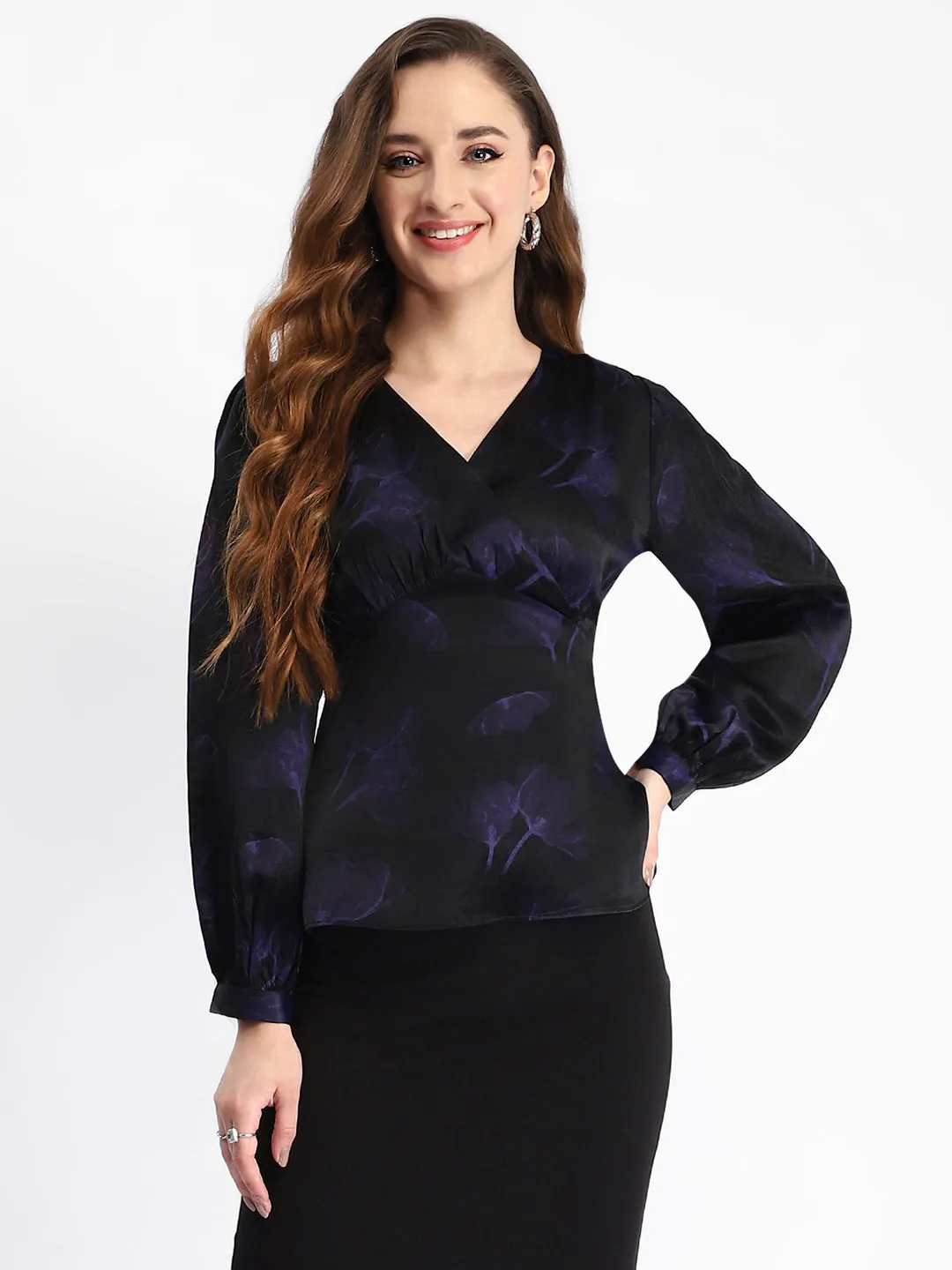 Madame Self Design Wrap Style Front Bishop Sleeve Black Top Breathable knit Thick Glow