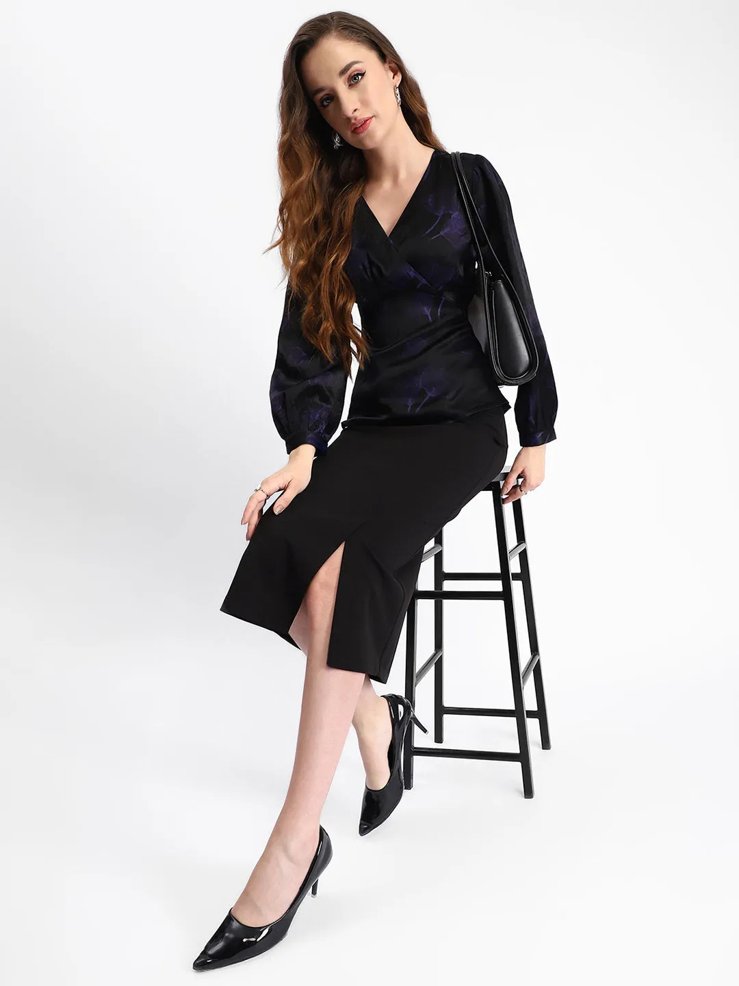 StretchPaneling Madame Self Design Wrap Style Front Bishop Sleeve Black Top