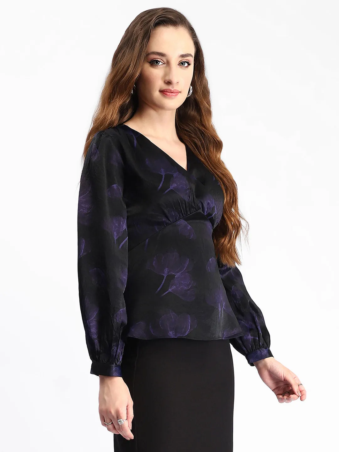 Madame Self Design Wrap Style Front Bishop Sleeve Black Top TearResistant Material Tough Core
