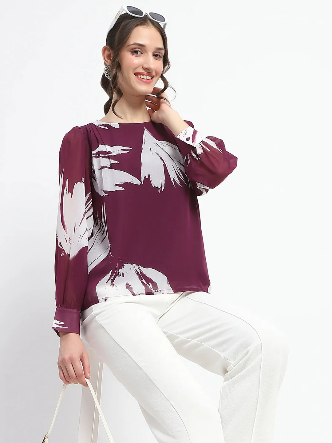 Brunch Fit Metal Core Madame Botanical Print Round Neck Plum Top