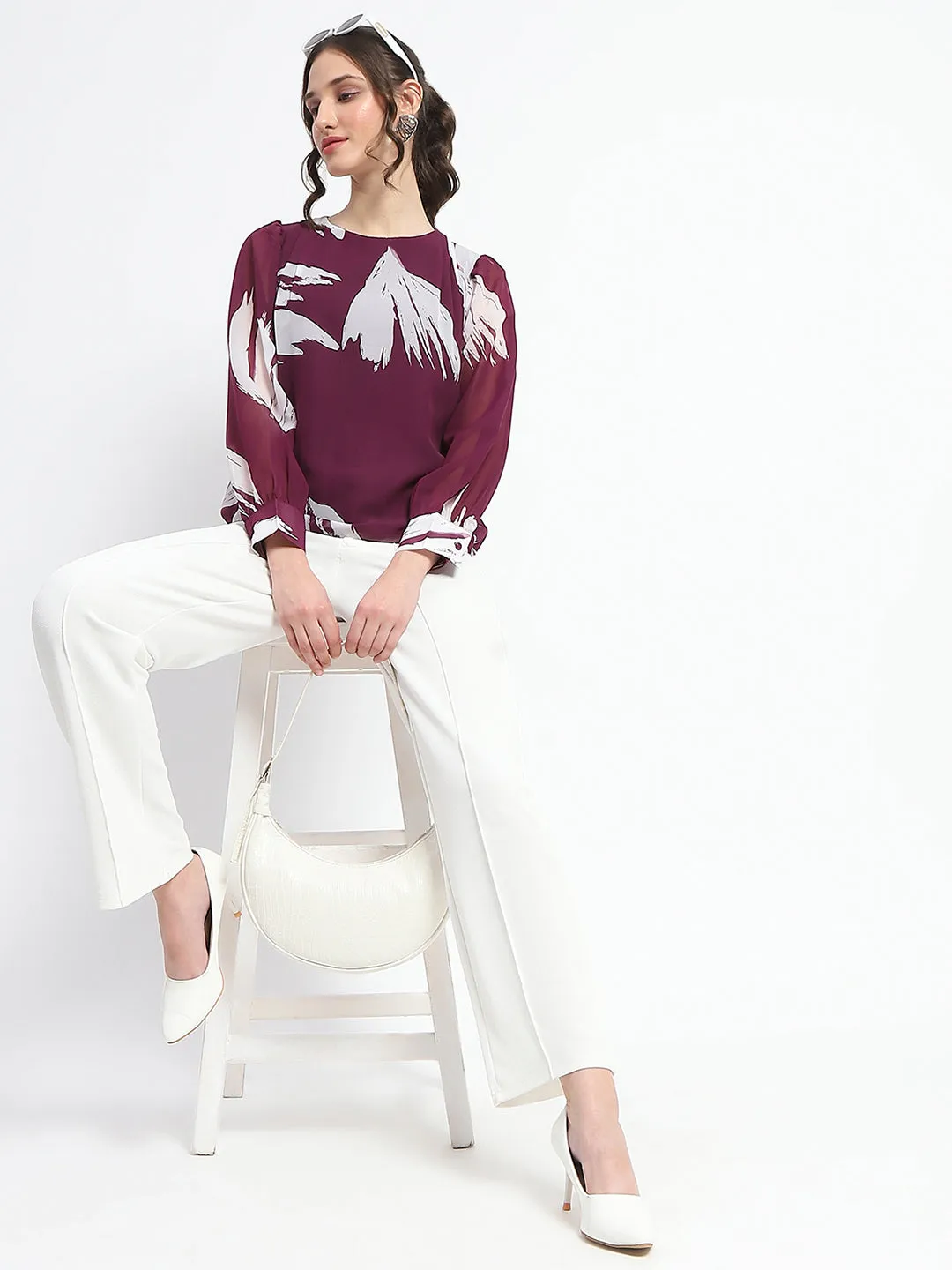 Madame Botanical Print Round Neck Plum Top MultiPurposePockets