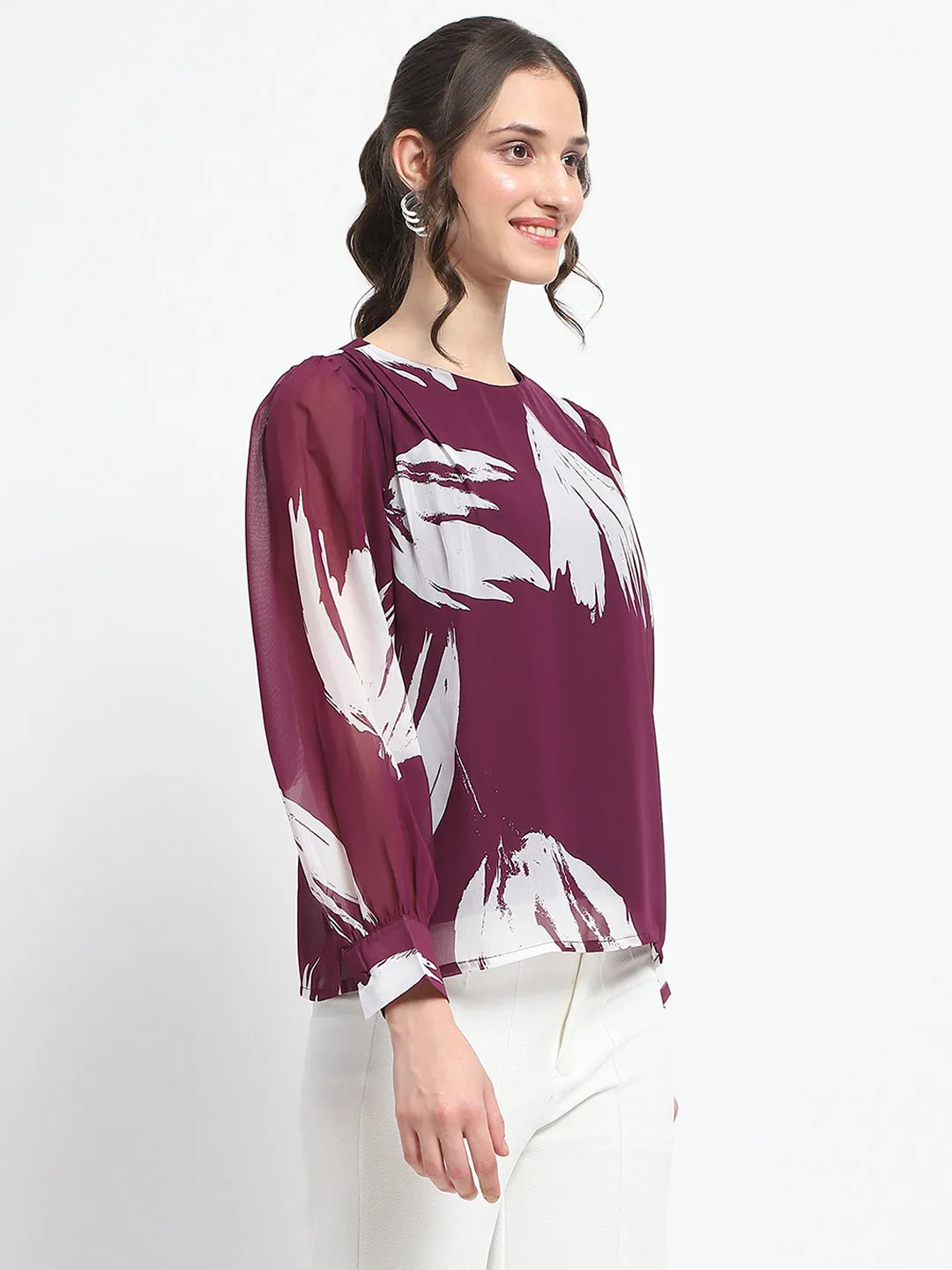 KnotFree Tailoring Madame Botanical Print Round Neck Plum Top