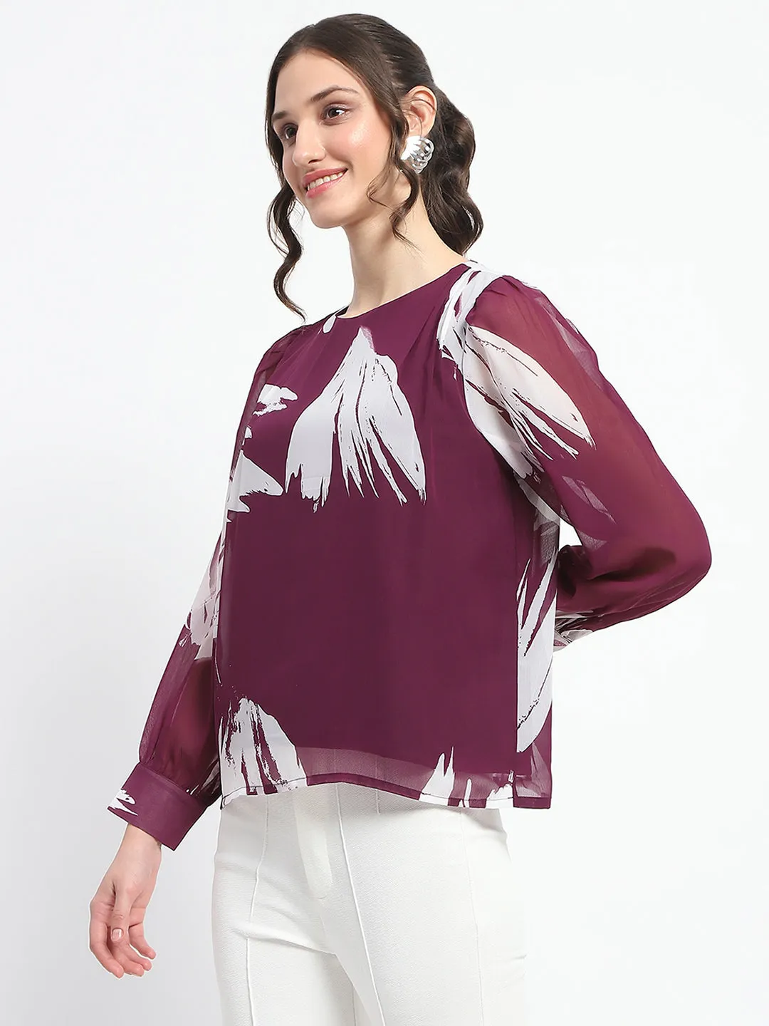 Madame Botanical Print Round Neck Plum Top Sophisticated Style Simple Style