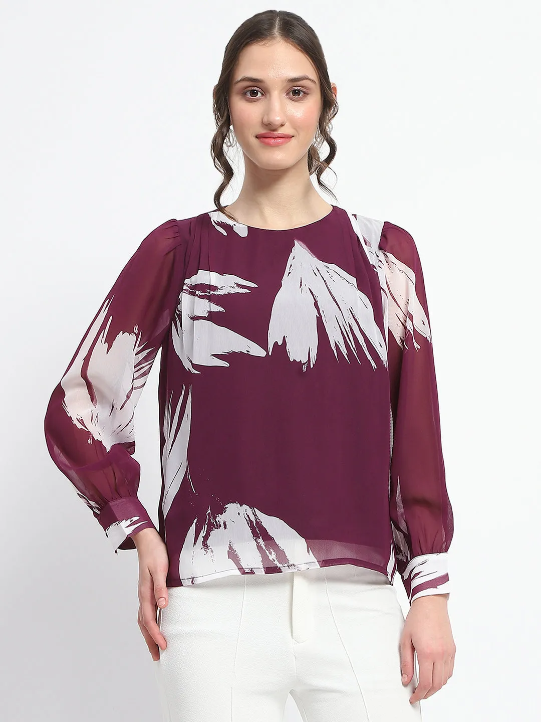 Airtight Zipper AntimicrobialCoating Madame Botanical Print Round Neck Plum Top