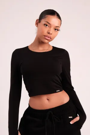 Cropped Built In Bra Long Sleeve Top Black MinimalistStyle Relaxed Fit