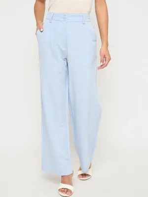 Trendy Waist Madame Solid Sky Blue Straight Fit Trousers