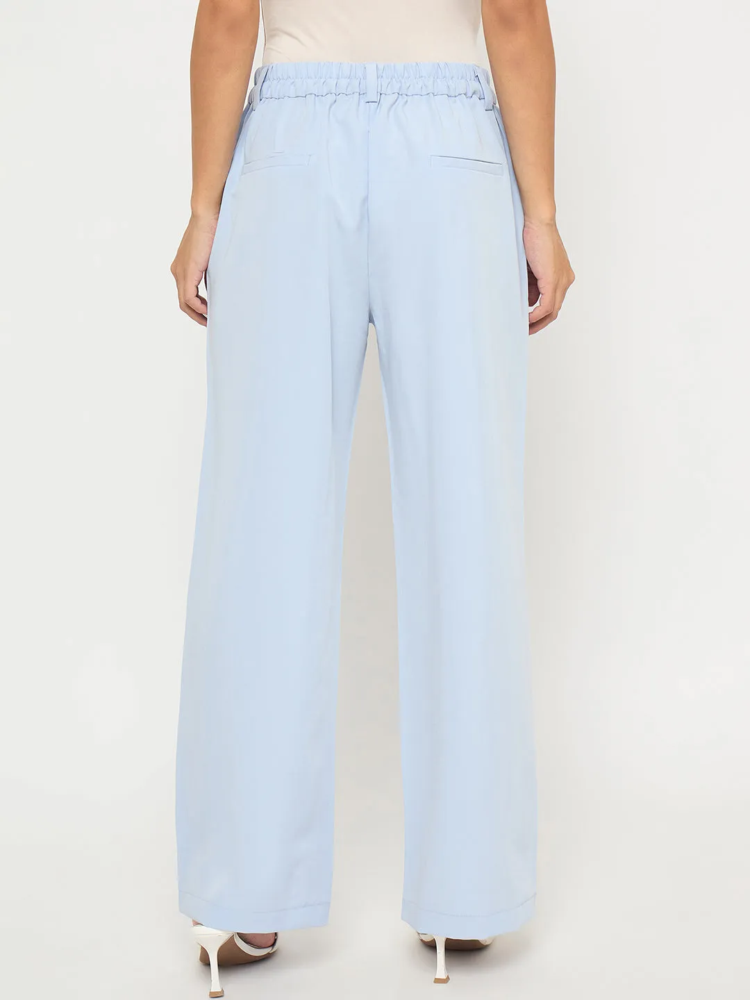 Madame Solid Sky Blue Straight Fit Trousers Street Utility
