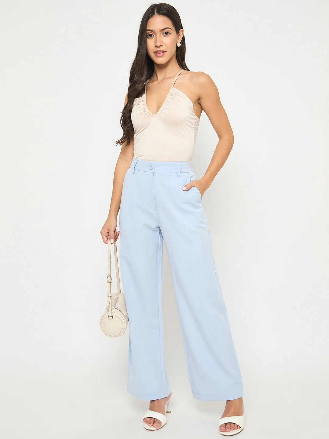 Four Way Stretch Simple Comfort Wear Madame Solid Sky Blue Straight Fit Trousers