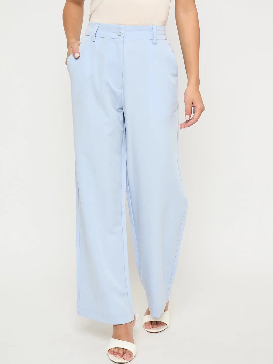 Trendy Waist Madame Solid Sky Blue Straight Fit Trousers