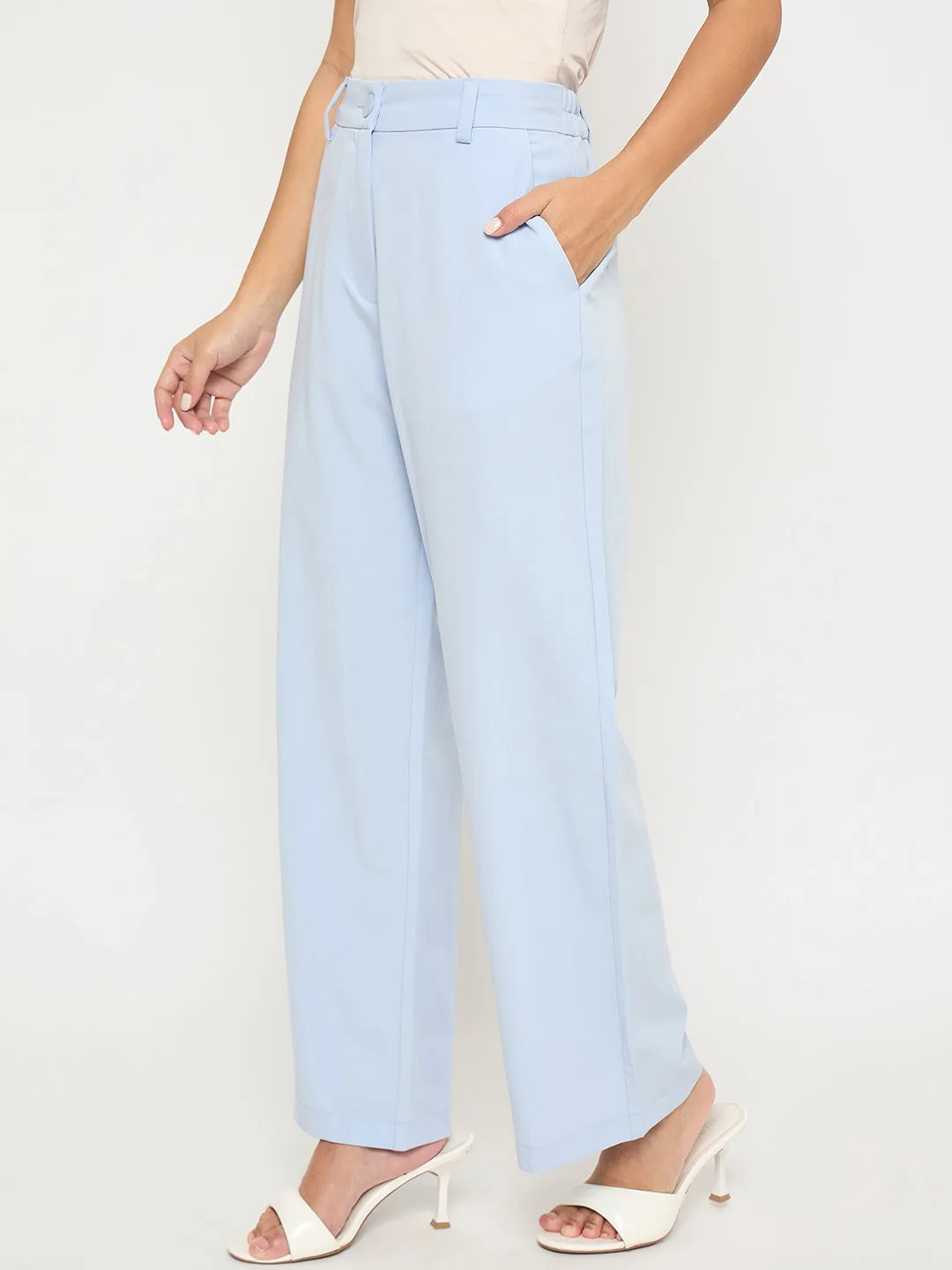 Madame Solid Sky Blue Straight Fit Trousers Functional Style