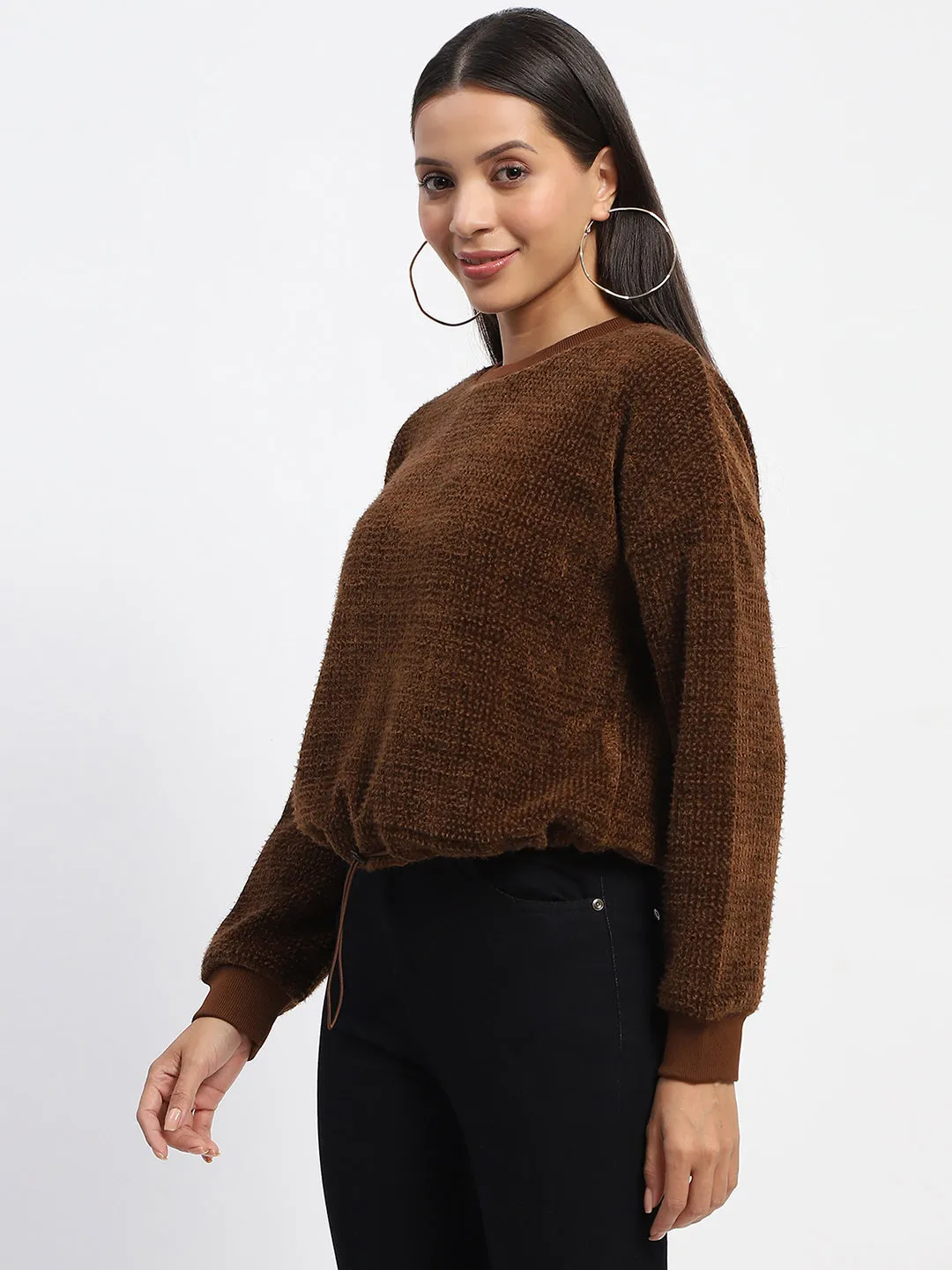 Madame Elastic Pull Drawstring Brown Top Craft Edge Simple Wear