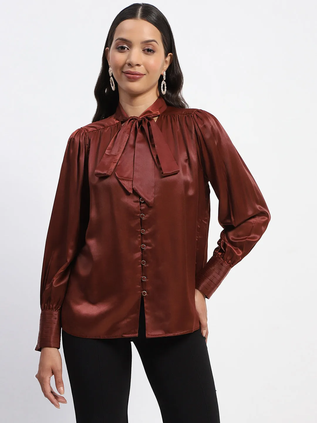 Light Sweatshirt Madame Tie Up Neck Cuffed Sleeve Brown Top