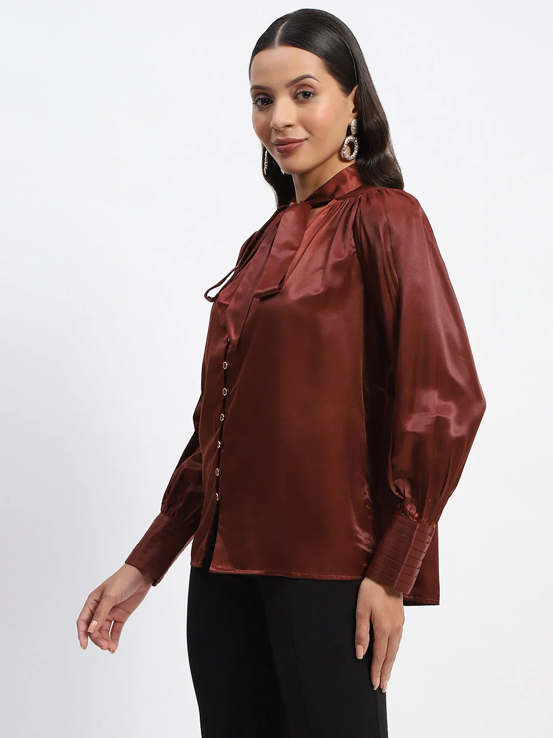 Permanent Crease PrecisionTailoring Madame Tie Up Neck Cuffed Sleeve Brown Top