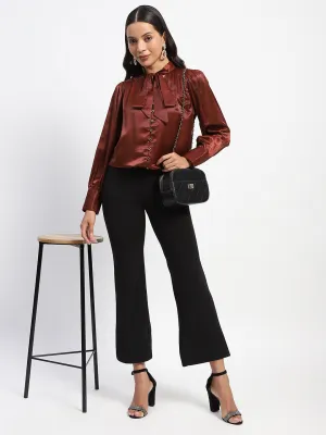Stylish Hat Madame Tie Up Neck Cuffed Sleeve Brown Top