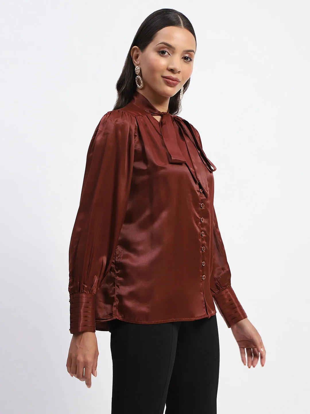 warm glow Madame Tie Up Neck Cuffed Sleeve Brown Top