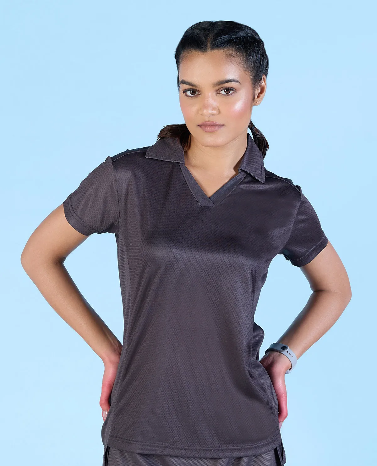 Airy Match Polo Top Grey Multi Panel Design