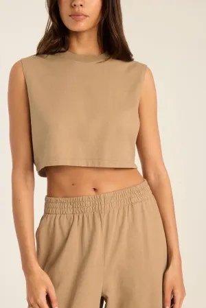 Coast Crop Muscle Tank - Latte Cotton Jersey No Slip Interior Concealable