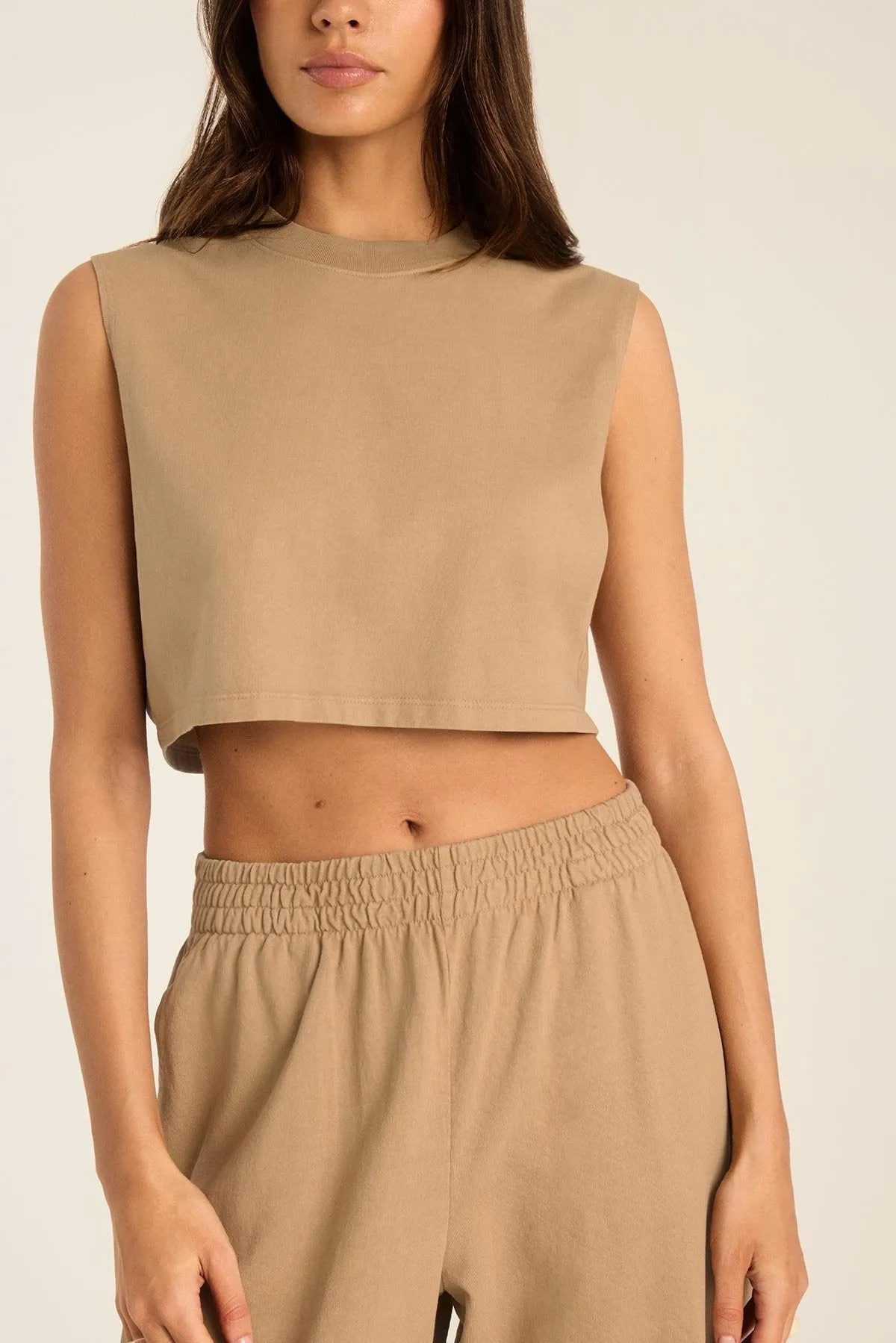 Coast Crop Muscle Tank - Latte Cotton Jersey No Slip Interior Concealable