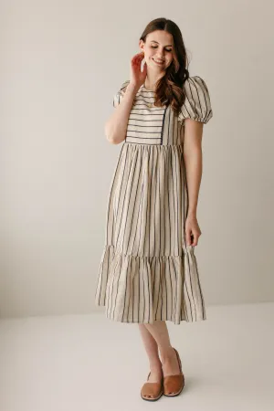 Quick Fit Hand Dyed 'Nautica' Yarn Dyed Striped Midi Dress in Natural FINAL SALE