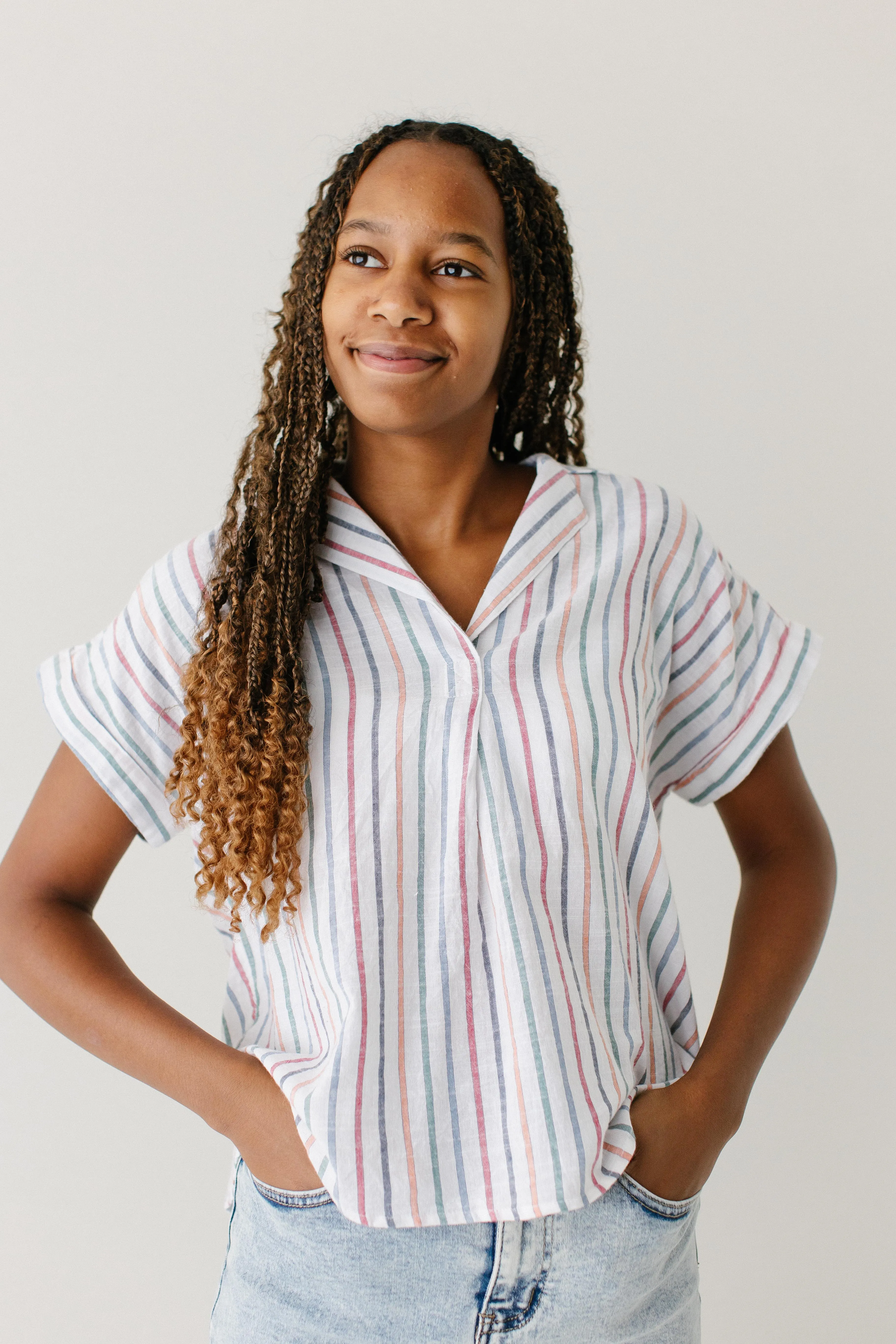 Shopping Trip Balanced Outfit 'Prisma' Notched Collar Multi Stripe Cotton Top Modern Chic