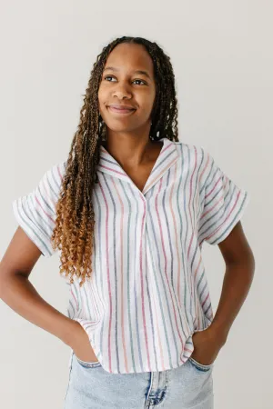 Shopping Trip Balanced Outfit 'Prisma' Notched Collar Multi Stripe Cotton Top Modern Chic
