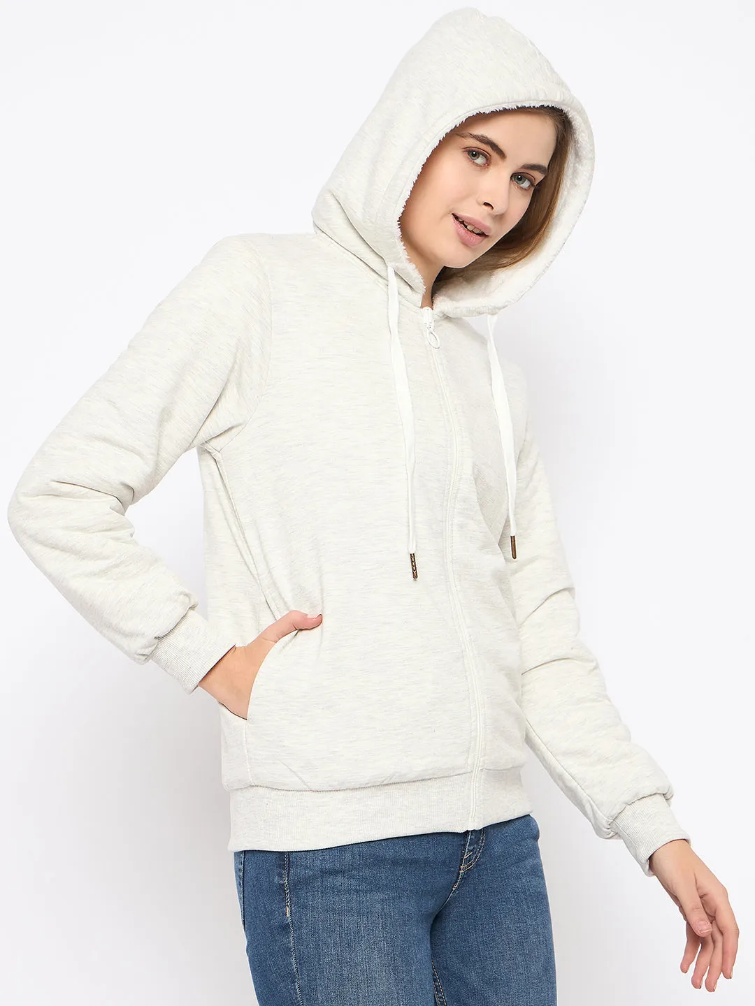 uncollared Athleisure Wear Madame White Fleece Hooded Sweatshirt