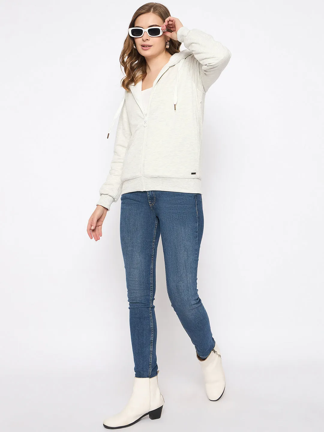Chilly Weather Geometric Print Madame White Fleece Hooded Sweatshirt