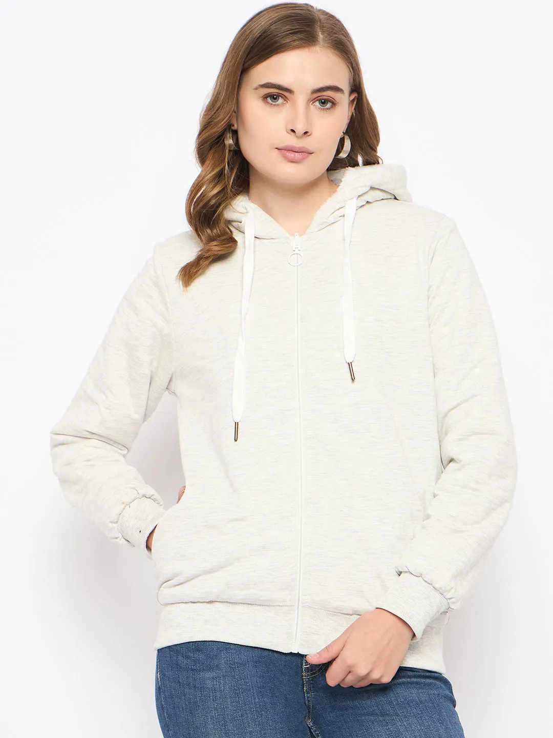 Madame White Fleece Hooded Sweatshirt Sporty Style Warm Fashion