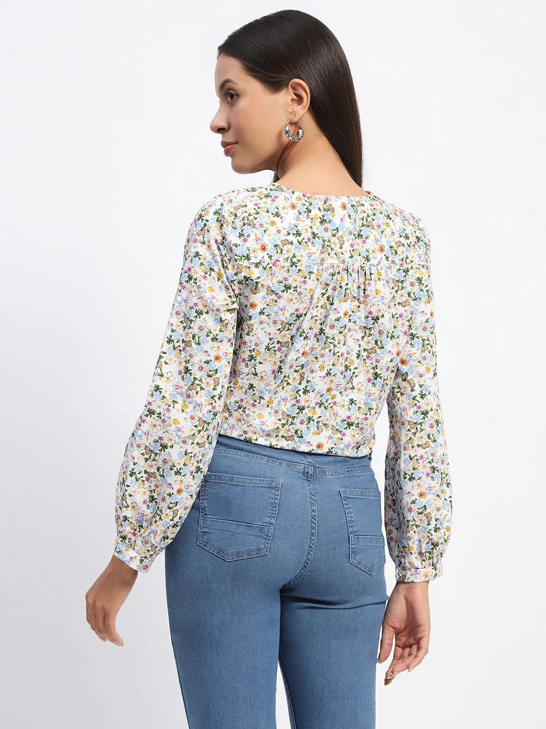 Madame Cotton Floral Print Drawstring Waist Multicolor Top outdoor mode PillingResistant