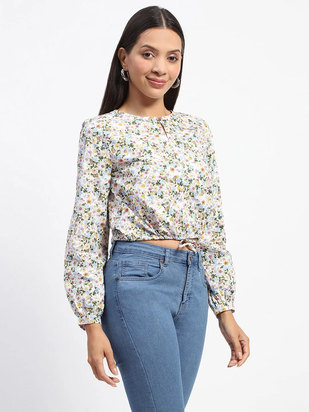 Trendy Top Madame Cotton Floral Print Drawstring Waist Multicolor Top
