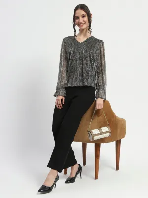 Fast Fit Madame Ruffle Sleeve Black Shimmery Top
