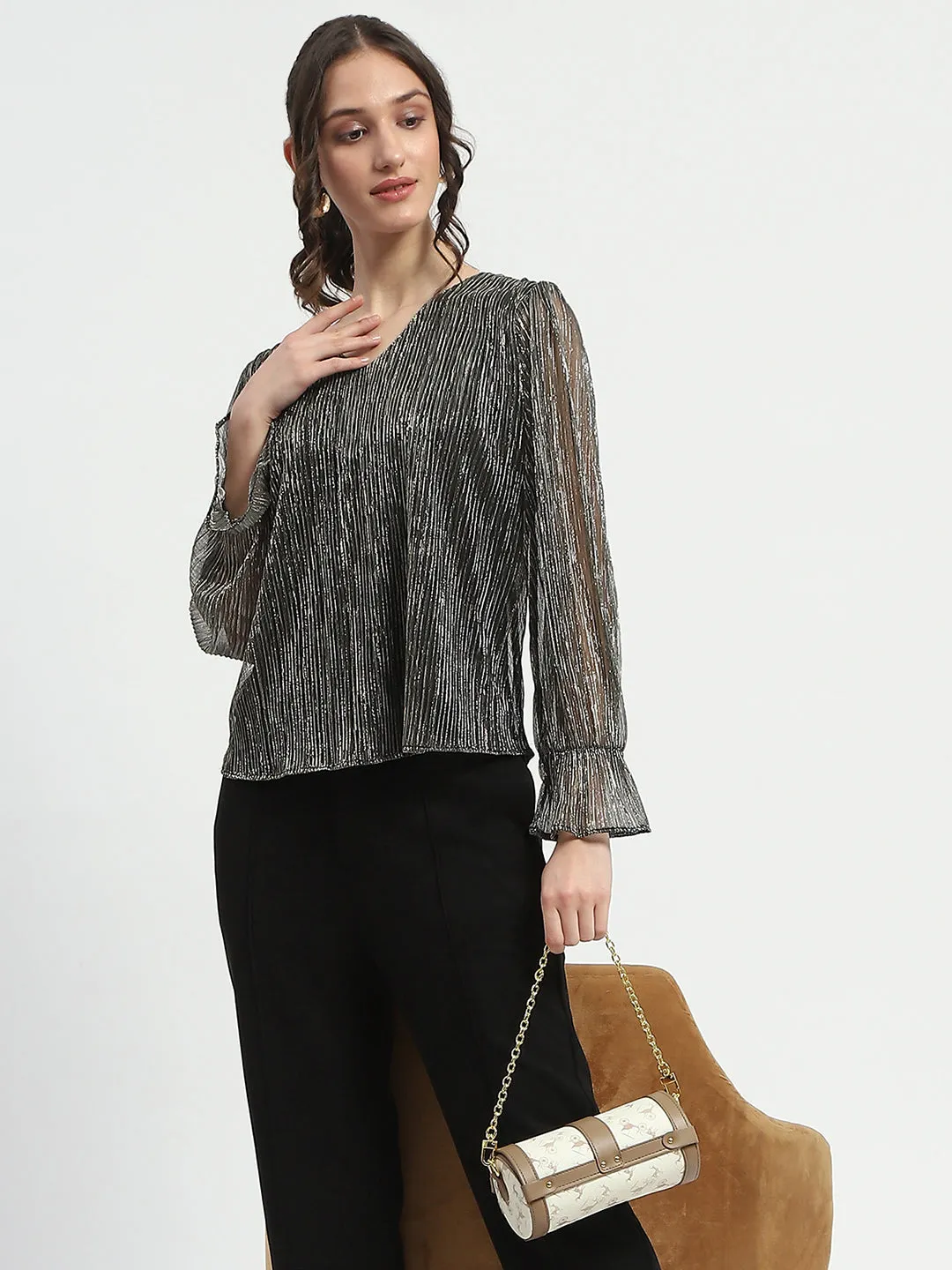 AntibacterialFinish Beach Fit Madame Ruffle Sleeve Black Shimmery Top