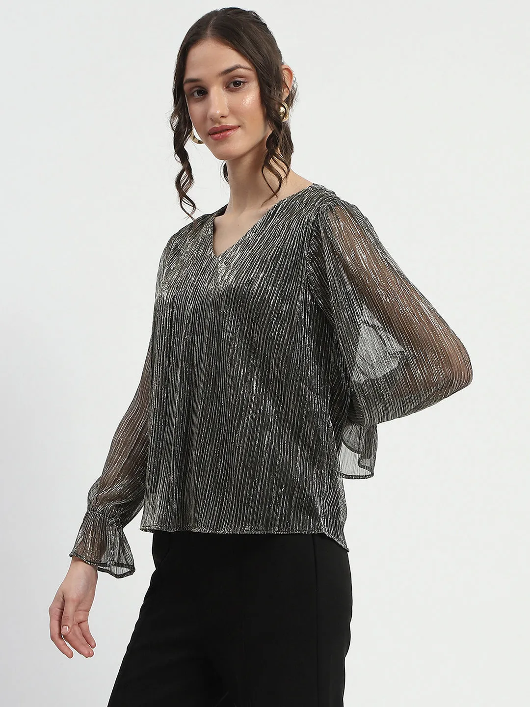 Madame Ruffle Sleeve Black Shimmery Top Light Fabric